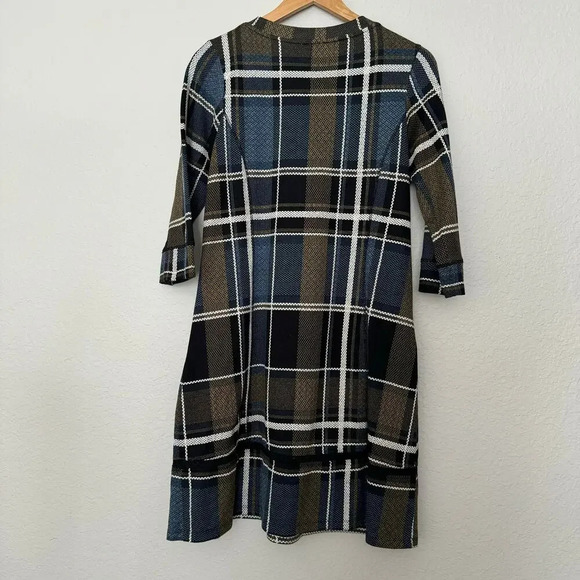 Rabbit Women's Shift Dress 6 Multicolor Plaid 3/4 Sleeves Crew Neck Pockets - Picture 2 of 9